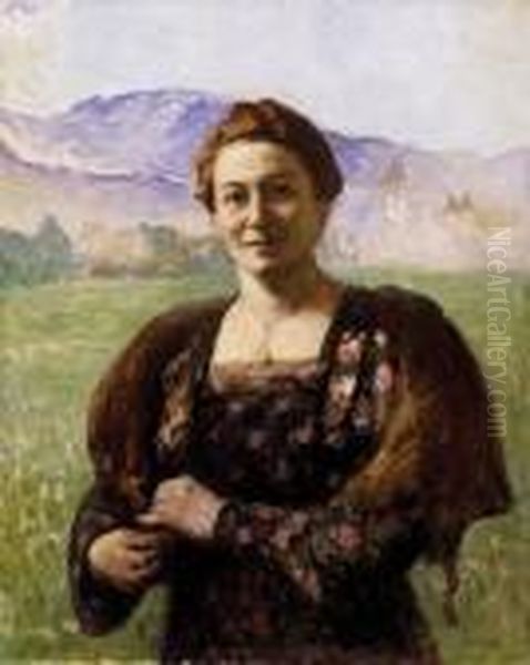 Woman In A Nagybanya Landscape Oil Painting by Janos Thorma