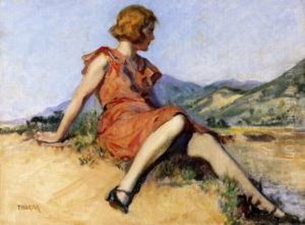 Woman Sitting On The Hillside Oil Painting by Janos Thorma