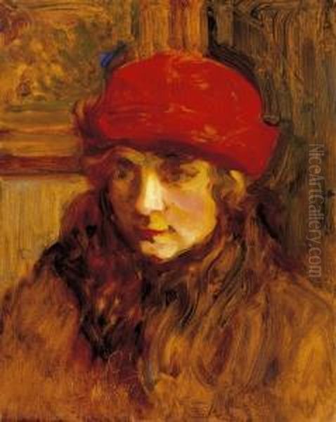 Lady In A Red Hat Oil Painting by Janos Thorma