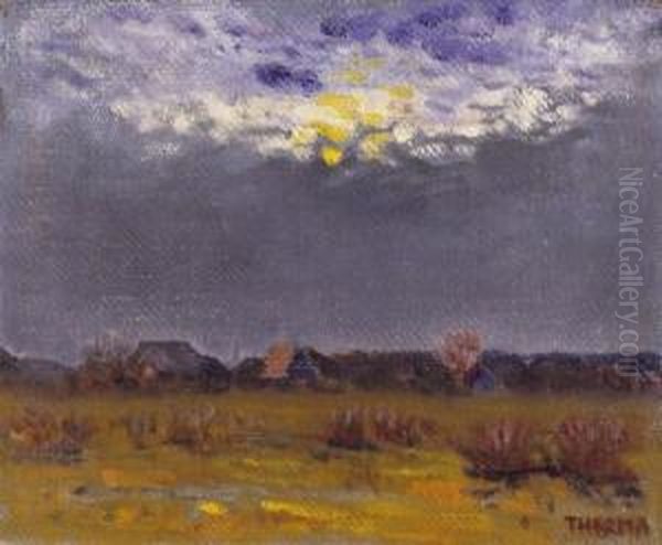 Landscape With Moon Behind Clouds Oil Painting by Janos Thorma