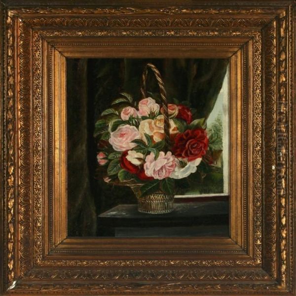 Still Life With Roses In A Basket Oil Painting by Emmy Marie Caroline Thornam