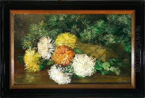 Emmy Thornam: A Still Life With Chrysanthemum In A Basket. Signed E. Thornam Oil Painting by Emmy Marie Caroline Thornam