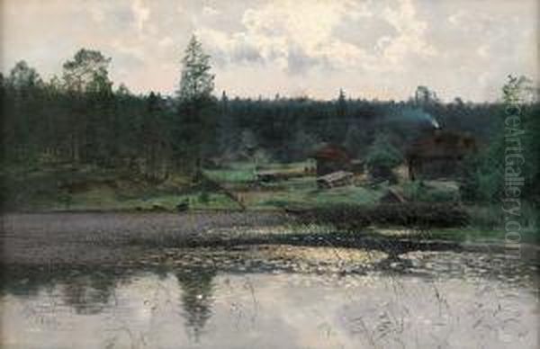 Insjolandskap Med Gard Oil Painting by Alfred Thorne