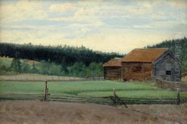 Sommarlandskap Med Lador. Signerad Och Daterad -76. Duk Pa Panna, 21x31 Oil Painting by Alfred Thorne