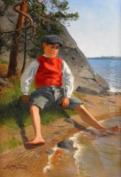 Pojke I Strandkanten Oil Painting by Alfred Thorne