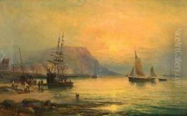 A Fishing Harbour At Sunset Oil Painting by Charles Thorneley