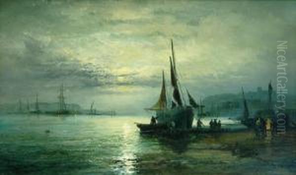 Shoreham Harbour By Moonlight Oil Painting by Charles Thorneley