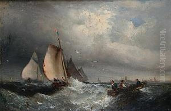 Shipping Off The Coast In Fair Weather And Instormy Seas Oil Painting by Charles Thorneley