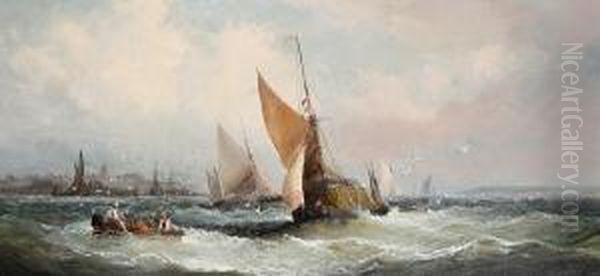 Fishing Boats On A Breezy Day Off A Coastaltown Oil Painting by Charles Thorneley