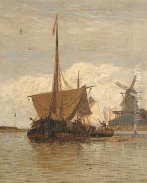 Boats In An Estuary With A Windmill Beyond Oil Painting by Charles Thorneley