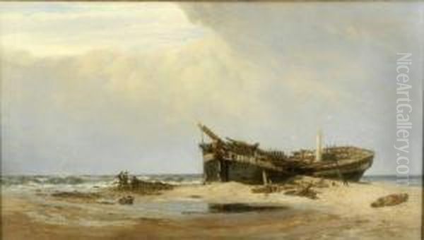 'the Old Wreck' 1871 London International Exhibition Labelverso Oil Painting by Charles Thorneley