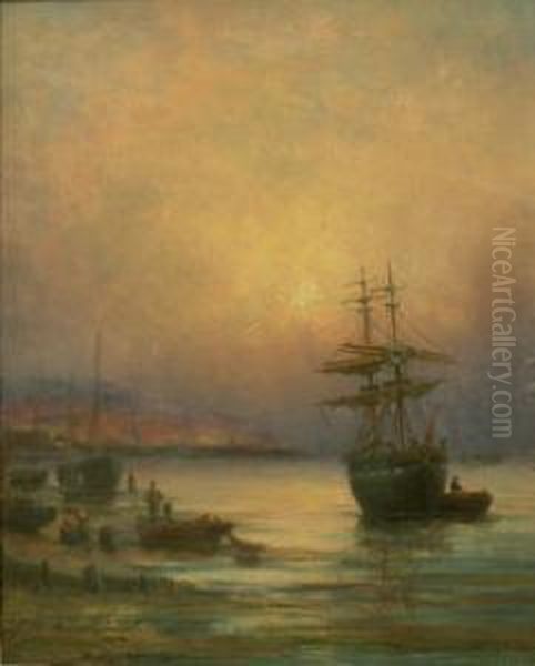 Beached Sailing Vessels In The South Bay Scarborough At Sunrise Oil Painting by Charles Thorneley