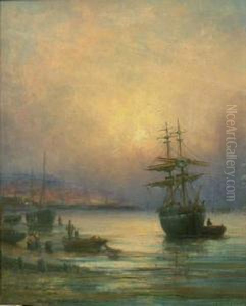 Beached Sailing Vessels In The South Bay Scarborough At Sunrise O Oil Painting by Charles Thorneley