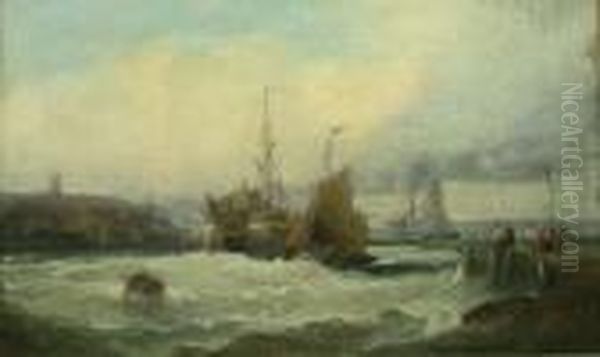 Thornley : Sailing Barge And 
Fishing Boat In The Harbour Mouth Oil On Canvas Signed 24cm X 39cm Oil Painting by Charles Thorneley