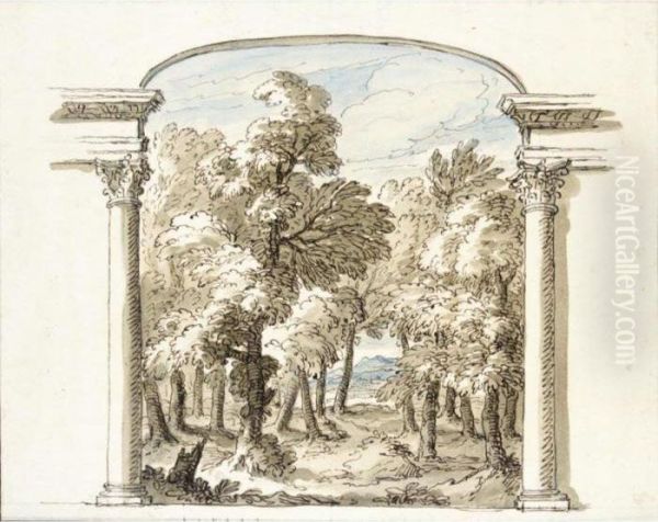 A Classical Landscape Seen Through An Arch Oil Painting by Sir James Thornhill