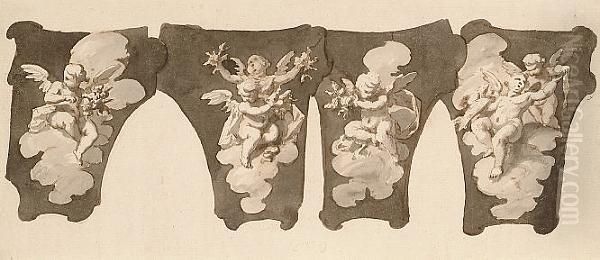 A Ceiling Design Of Putti Within Spandrels Oil Painting by Sir James Thornhill