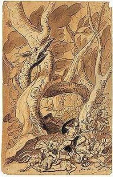 A Warrior Attacking A Dragon Oil Painting by Sir James Thornhill