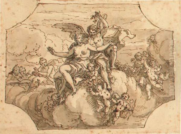 Zephyrus And Flora With Putti And Garlands On Clouds Oil Painting by Sir James Thornhill