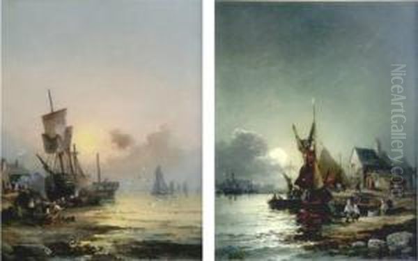 Beach Scenes By Day And Night Oil Painting by Hubert Thornley