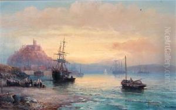 Figures And Shipping In Calm Waters Off St Michaels Mount At Sunset Oil Painting by Hubert Thornley