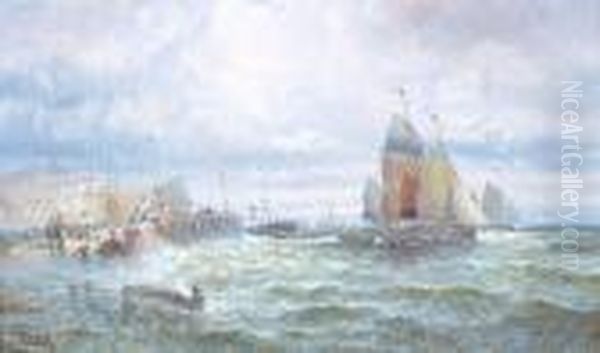 Fishing Fleet Leaving Harbour Oil Painting by Hubert Thornley