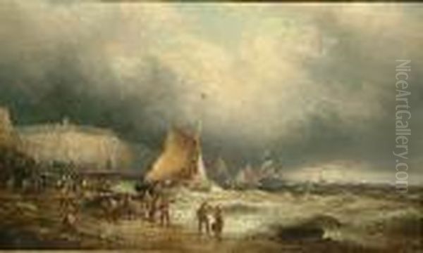 Fisherfolk Tending To The Catch On Scarborough Beach Oil Painting by Hubert Thornley