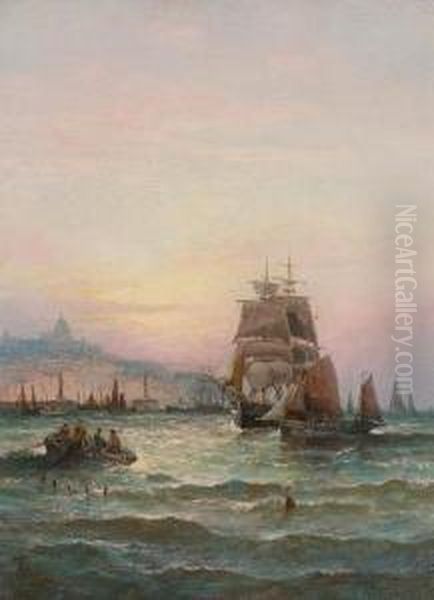 Collier Brig And Fishing Boats Off Boulogne Oil Painting by Hubert Thornley