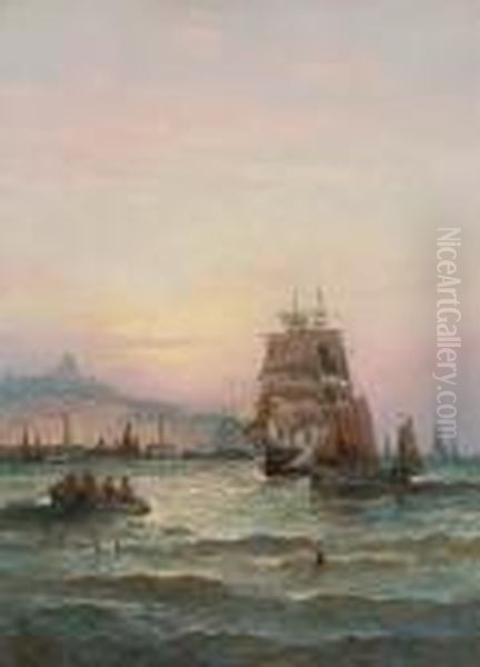 A Collier Brig And Fishing Boats Off Boulogne Oil Painting by Hubert Thornley