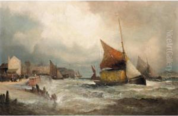 Fishing Boats Off The Coast In Heavy Seas Oil Painting by Hubert Thornley