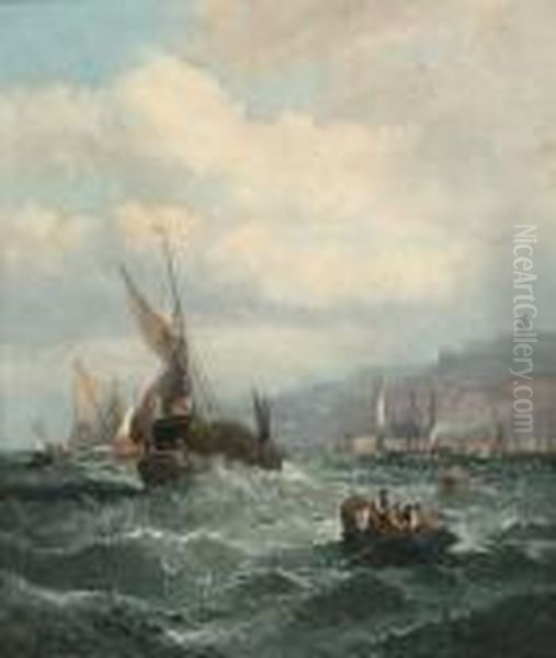 Shipping Off A Harbour Entrance Oil Painting by Hubert Thornley