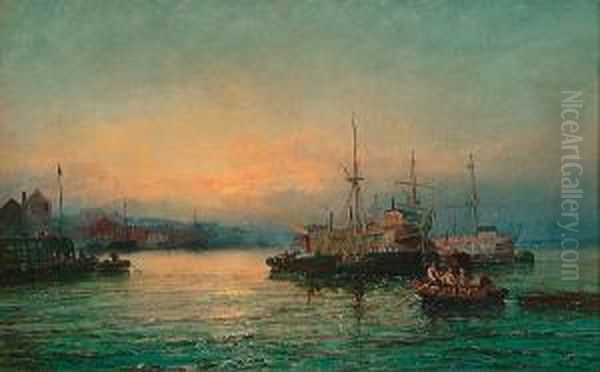 Warships, A Tug And Other Vessels In An Estuary Oil Painting by Hubert Thornley