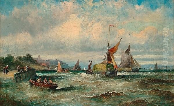 Shipping Off A Coastal Town With Figures On A Jetty Oil Painting by Hubert Thornley