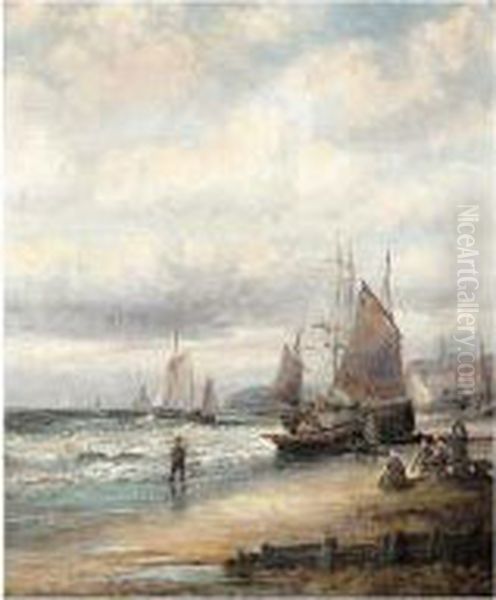 Beach Scene At Sunset; Beach Scene Oil Painting by Hubert Thornley