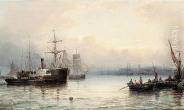 Harbour Scene With Steamboat Oil Painting by Hubert Thornley