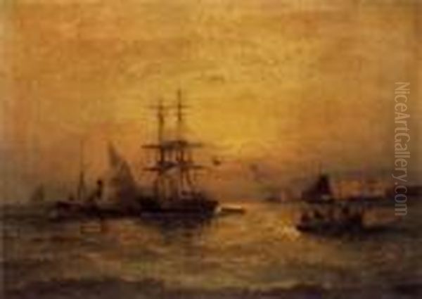 Off Portsmouth (#) Estuary Scene Oil Painting by Hubert Thornley