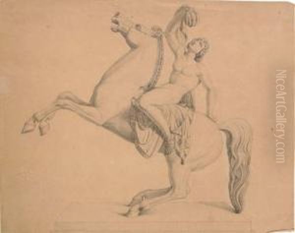 A Nude Astride A Rearing Horse, After A Sculptural Frieze (?) Oil Painting by Bertel Thorvaldsen