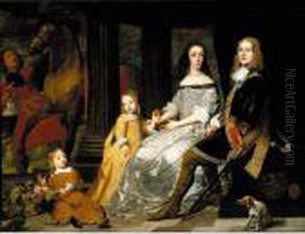 Portrait Of Philips Van De Werve
 And His Wife Isabelle (nee Charles), Seated With Their Children, 
Attended By A Groom With A Horse Oil Painting by Pieter Thijs