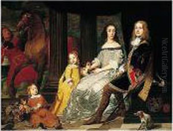 Portrait Of Philips Van De Werve
 And His Wife Isabelle (nee Charles), Seated With Their Children, 
Attended By A Groom With A Horse Oil Painting by Pieter Thijs