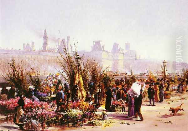 Le Marche Aux Fleurs A Paris Oil Painting by Georges Fraipont