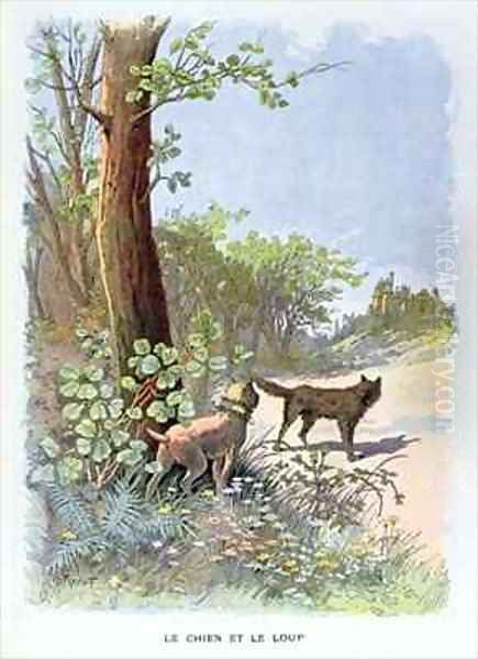 The Dog and the Wolf from Fables Choisies de la Fontaine by Jean de La Fontaine 1621-95 Oil Painting by Georges Fraipont