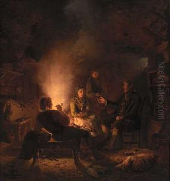 Ulvejaegere Paa Saetren Oil Painting by Adolphe Tidemand