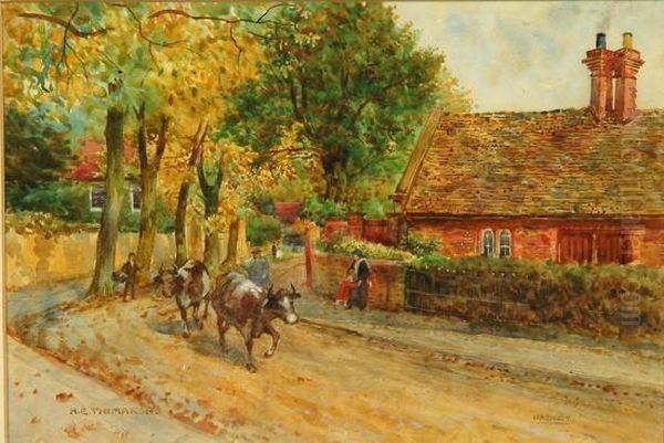 A Drover With Cattle In A Country Road Oil Painting by Henry Edward Tidmarsh