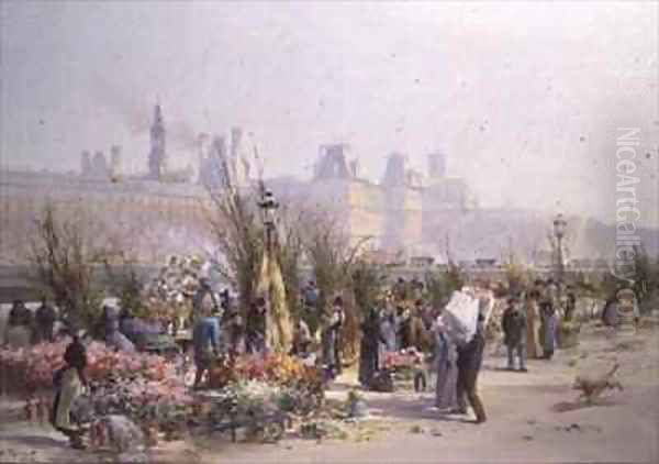 Flower Market by the Seine Oil Painting by Georges Fraipont