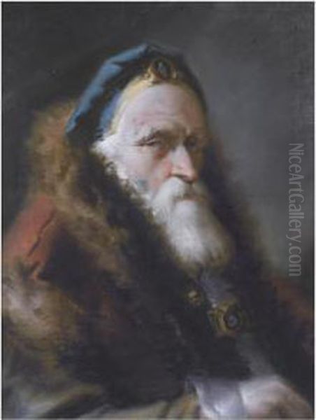 Portrait Of An Oriental, Head 
And Shoulders, Wearing A Bejewelled Blue Hat And A Red Fur-trimmed Coat Oil Painting by Lorenzo Baldissera Tiepolo