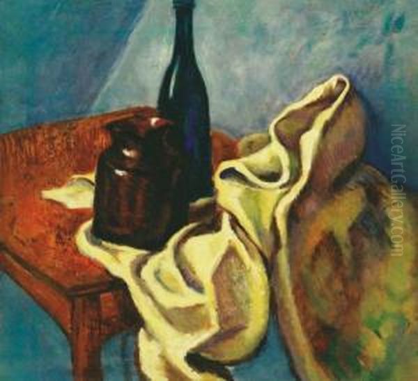 Still Life With Blue Glass Bottle, About 1909 Oil Painting by Lajos Tihanyi