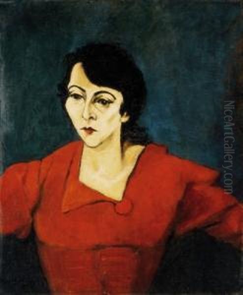 Red-dressed Woman In Green Background (the Portrait Of Mrs. Kar) Oil Painting by Lajos Tihanyi