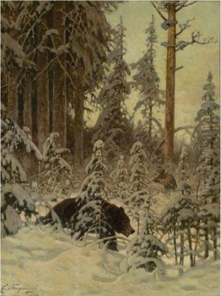 Bear Hunting Oil Painting by Efim Tikhmenev