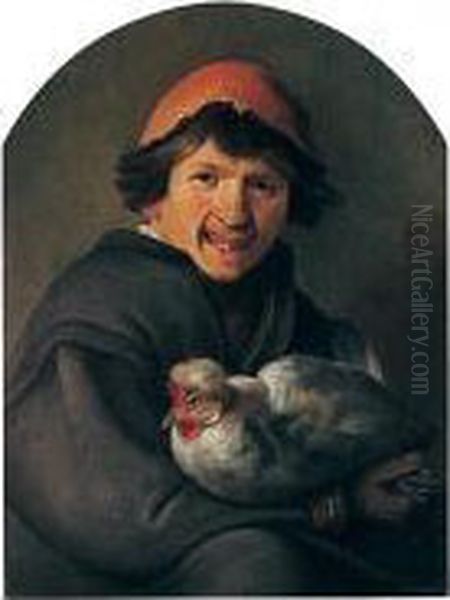 A Young Boy Holding A Hen Oil Painting by Johannes, Jan Tilius