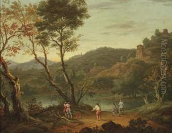 An Italianate Landscape With 
'boule' Players On The Banks Of A Lake, Fortified Towns In The Distance Oil Painting by Peter Tillemans