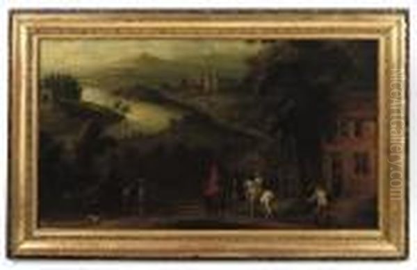 A River Landscape With Horsemen Resting On A Track Before A Cottage Oil Painting by Peter Tillemans